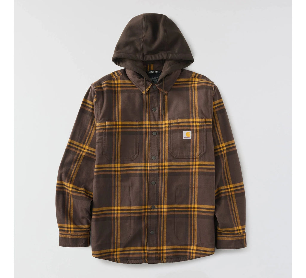 Men's Hooded Fleece-Lined Plaid Shirt Jacket - Brown