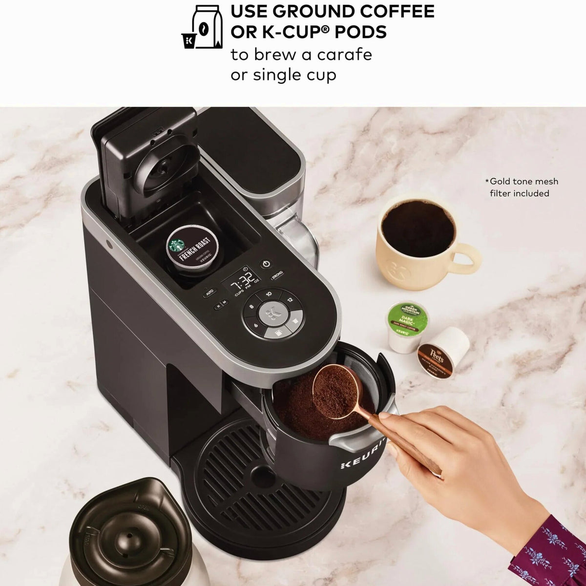 Keurig Single Serve & Carafe Coffee Maker, 60 oz Water Reservoir, 12-Cup Thermal Carafe - K-Duo Plus