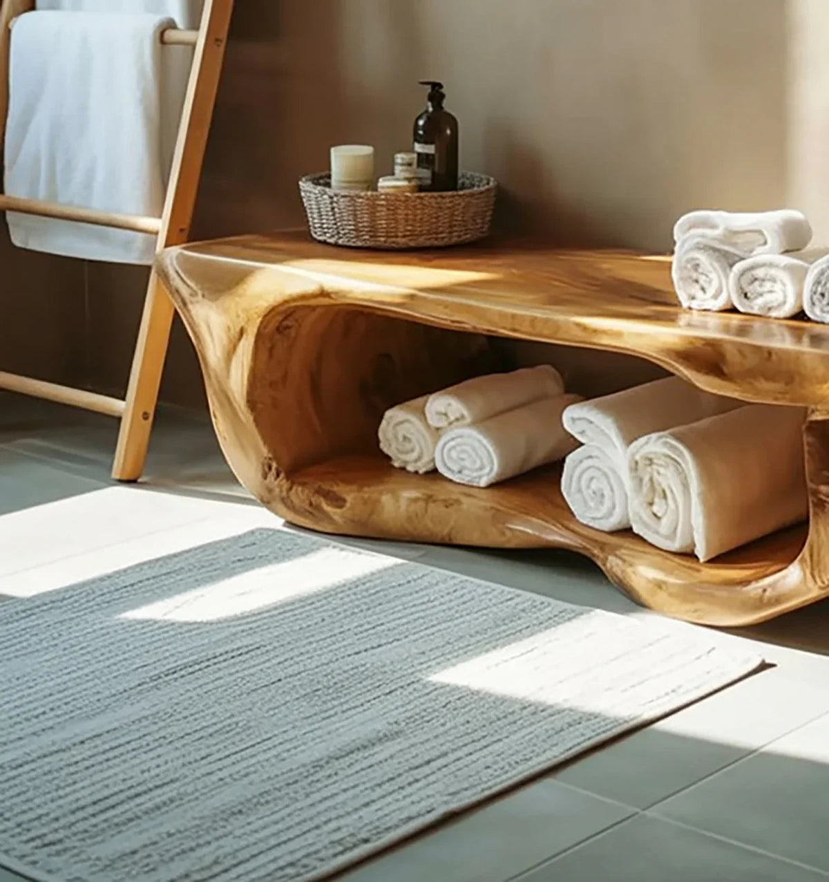 Handcrafted Solid Wood Bathroom Bench With Built-In Storage