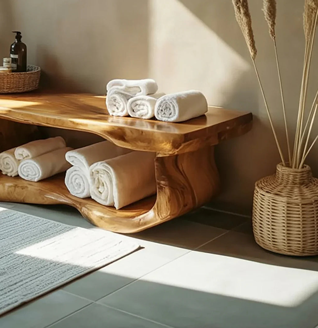 Handcrafted Solid Wood Bathroom Bench With Built-In Storage