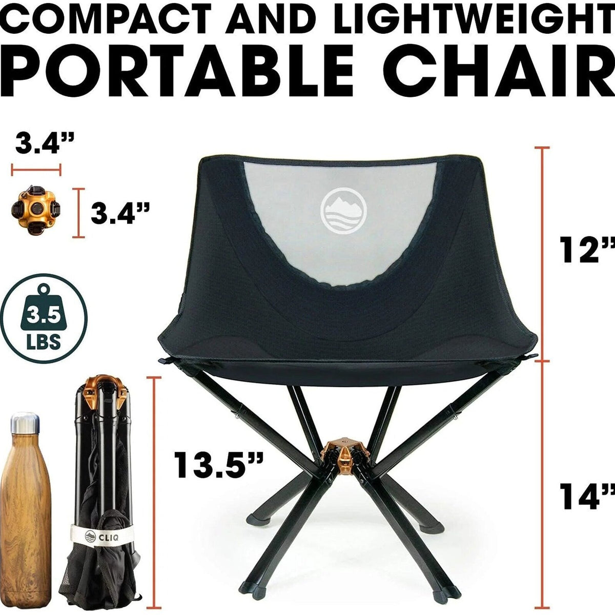 CLIQ Portable Folding Camping Chair, Black, 1 Pack, 300 Lbs - CC01