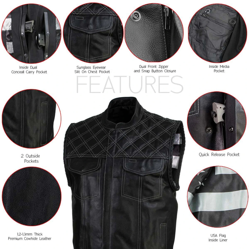 Men's Leather Motorcycle Vest - Black