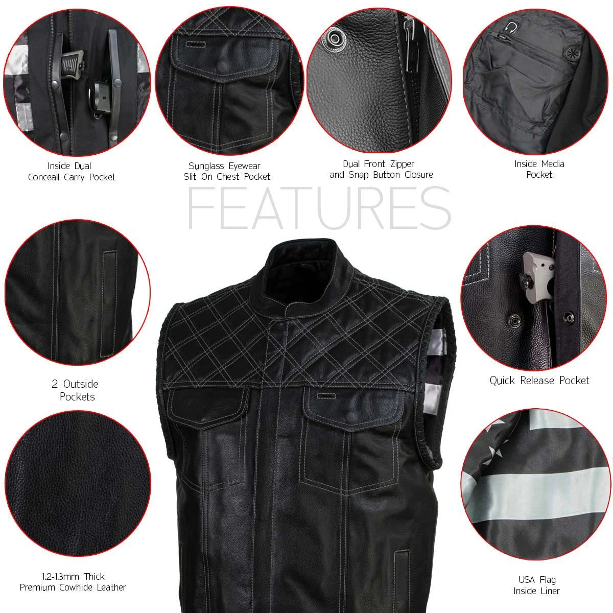 Men's Leather Motorcycle Vest - Black