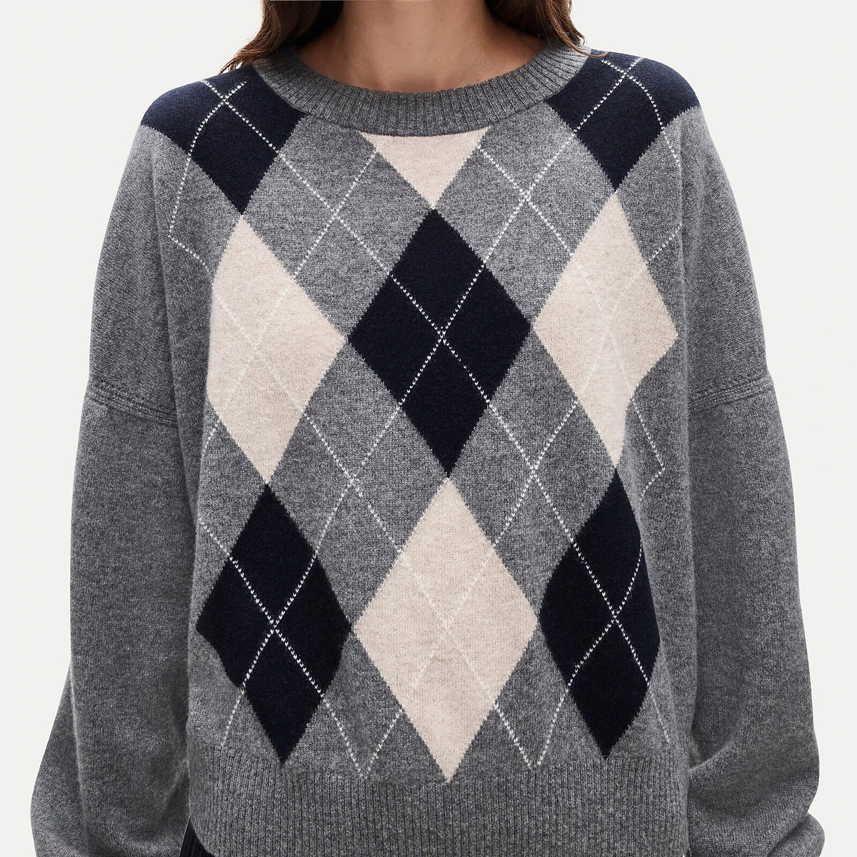Cashmere Blouson-Sleeve Argyle Sweater