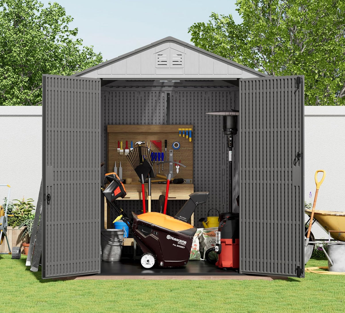 HOMSPARK Outdoor Resin Storage Shed 6x6 Ft With Floor And Windows - Grey
