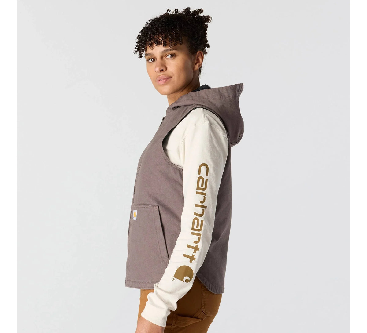 Women's Insulated Hooded Cotton Canvas Vest - Taupe