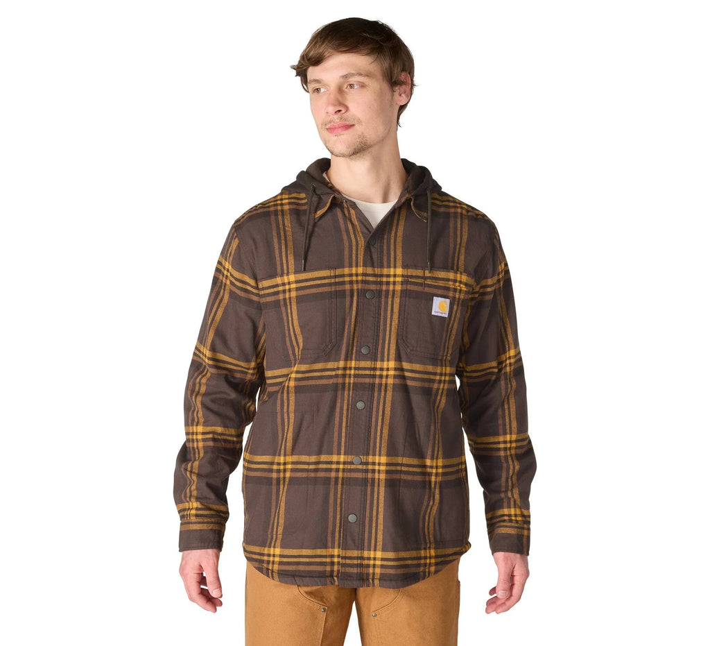 Men's Hooded Fleece-Lined Plaid Shirt Jacket - Brown