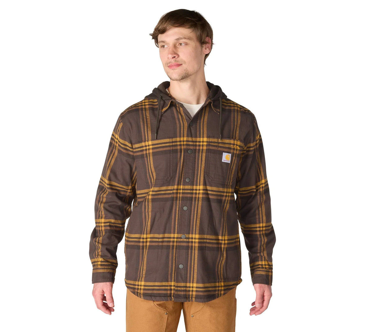 Men's Hooded Fleece-Lined Plaid Shirt Jacket - Brown