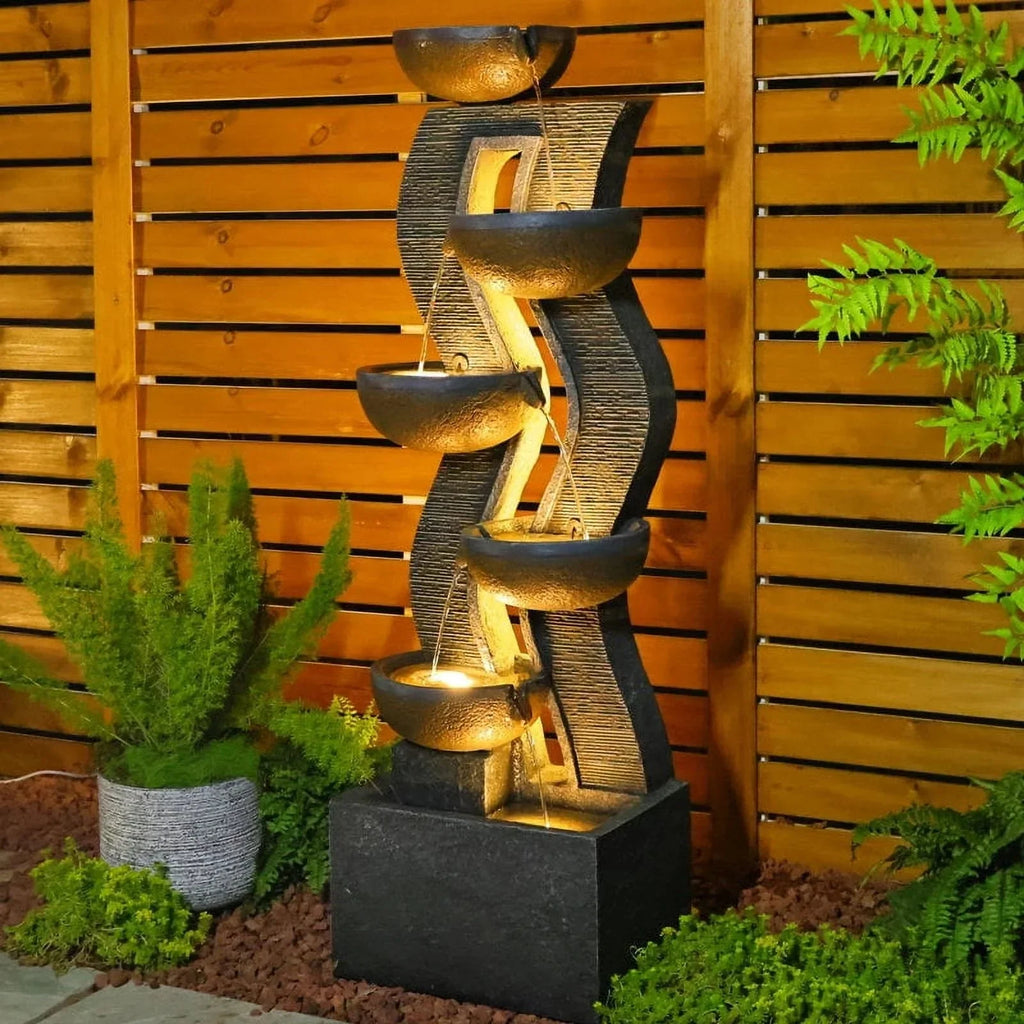6-Tiered Outdoor Garden Water Fountain With Light, 16.77in L X 13.85in W X 52.8in H