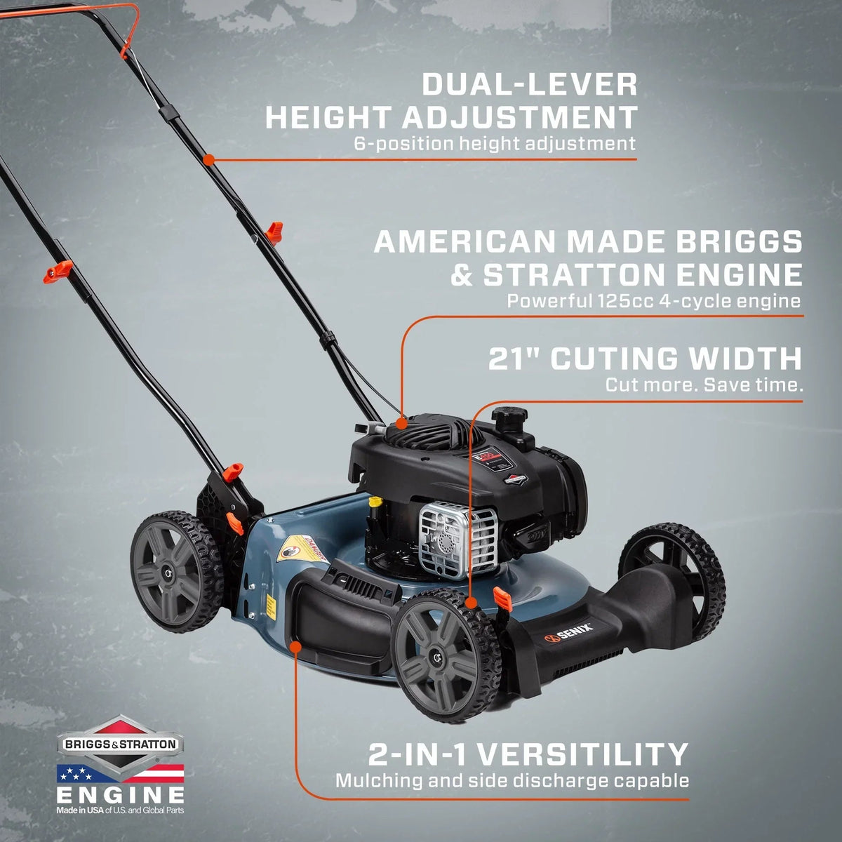 SENIX 21-Inch 125 cc 4-Cycle Gas Push Lawn Mower - LSPG-M3
