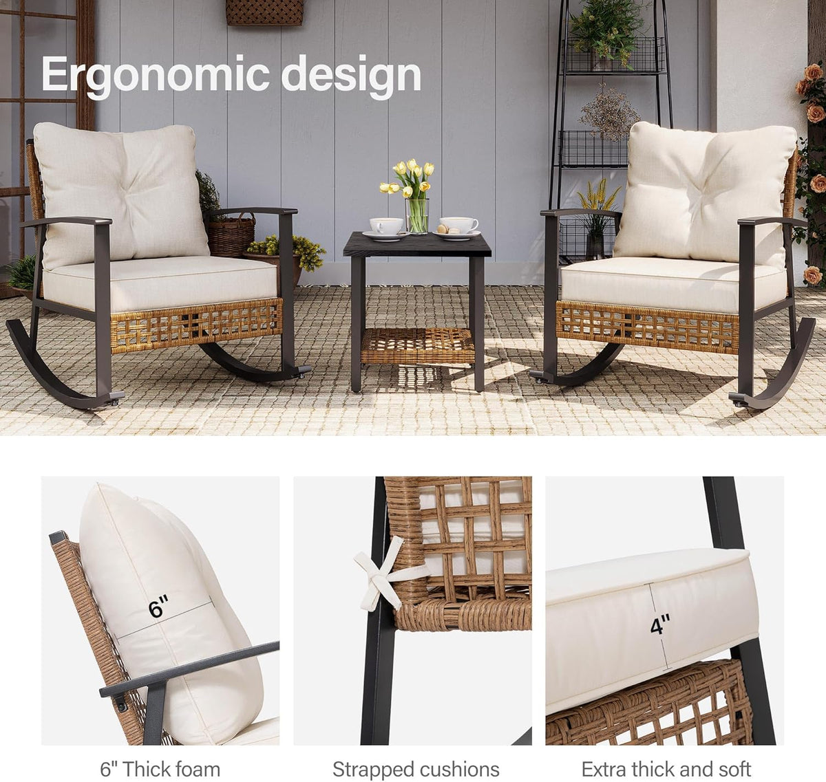 LAUSAINT HOME 3-Piece Rattan Rocking Bistro Set With 2-Tier Coffee Table, Beige