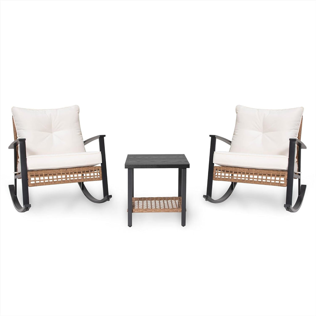 LAUSAINT HOME 3-Piece Rattan Rocking Bistro Set With 2-Tier Coffee Table, Beige