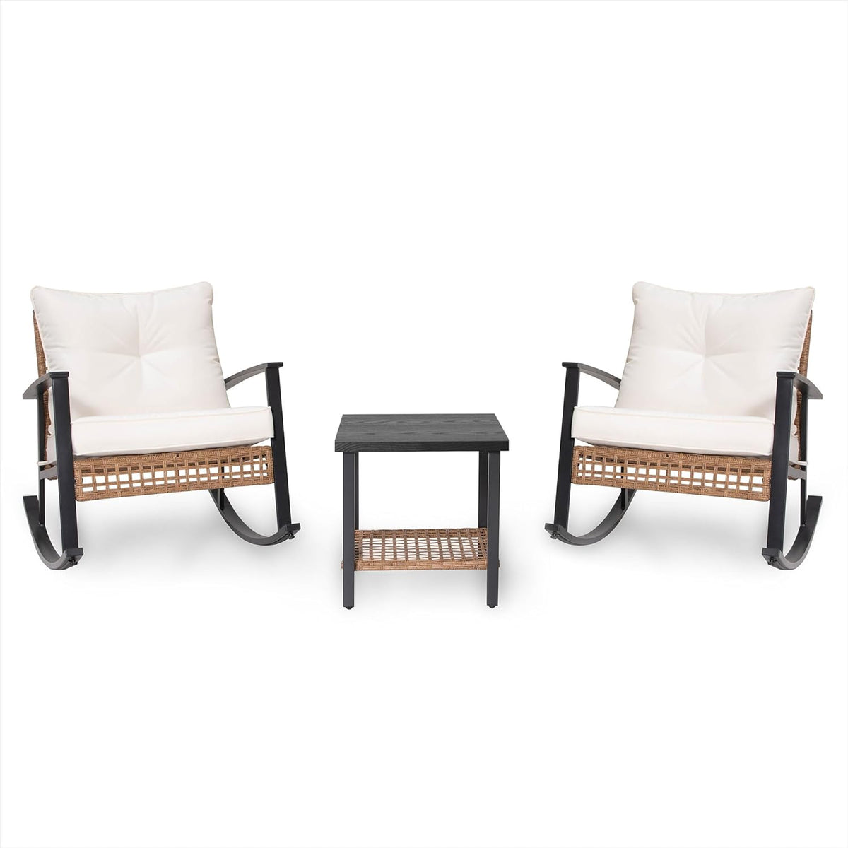 LAUSAINT HOME 3-Piece Rattan Rocking Bistro Set With 2-Tier Coffee Table, Beige