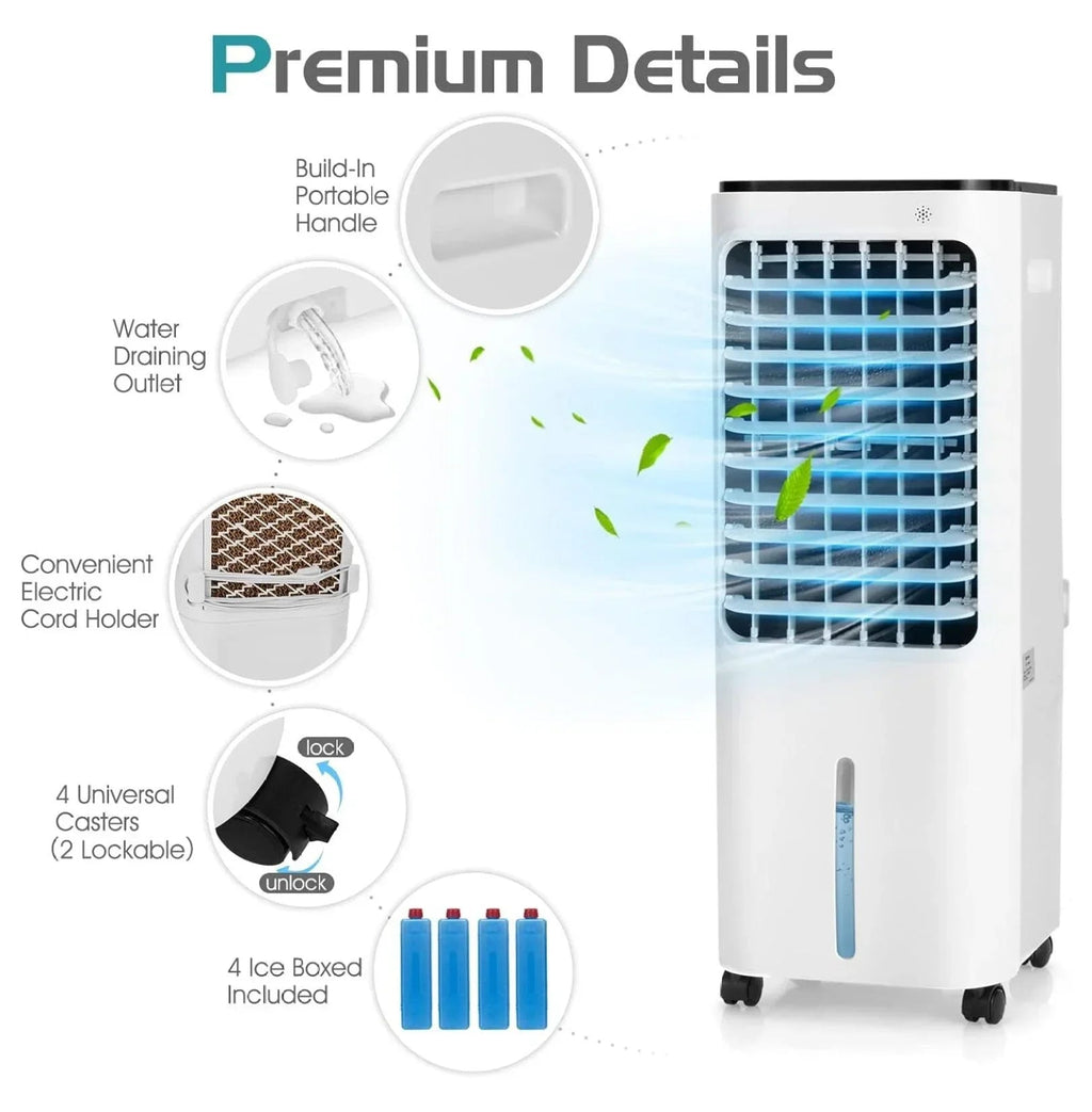 Bladeless Evaporative Cooler, 12L, 4 Ice Packs, 4 Modes, 3 Speeds, 7.5H Timer, White