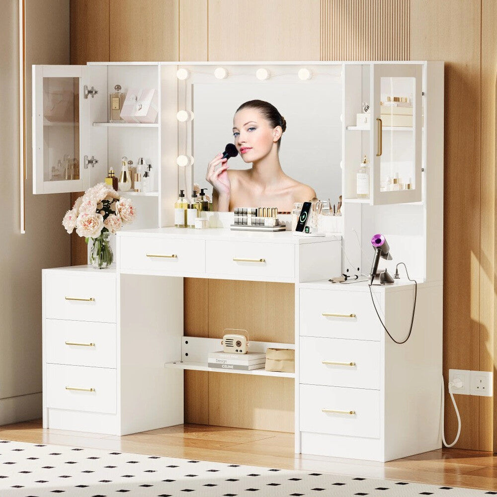 UGTOO LED Makeup Vanity Desk With Mirror, 58.27in, 10 Adjustable LED Bulbs, 8 Drawers, 2 Cabinets, White
