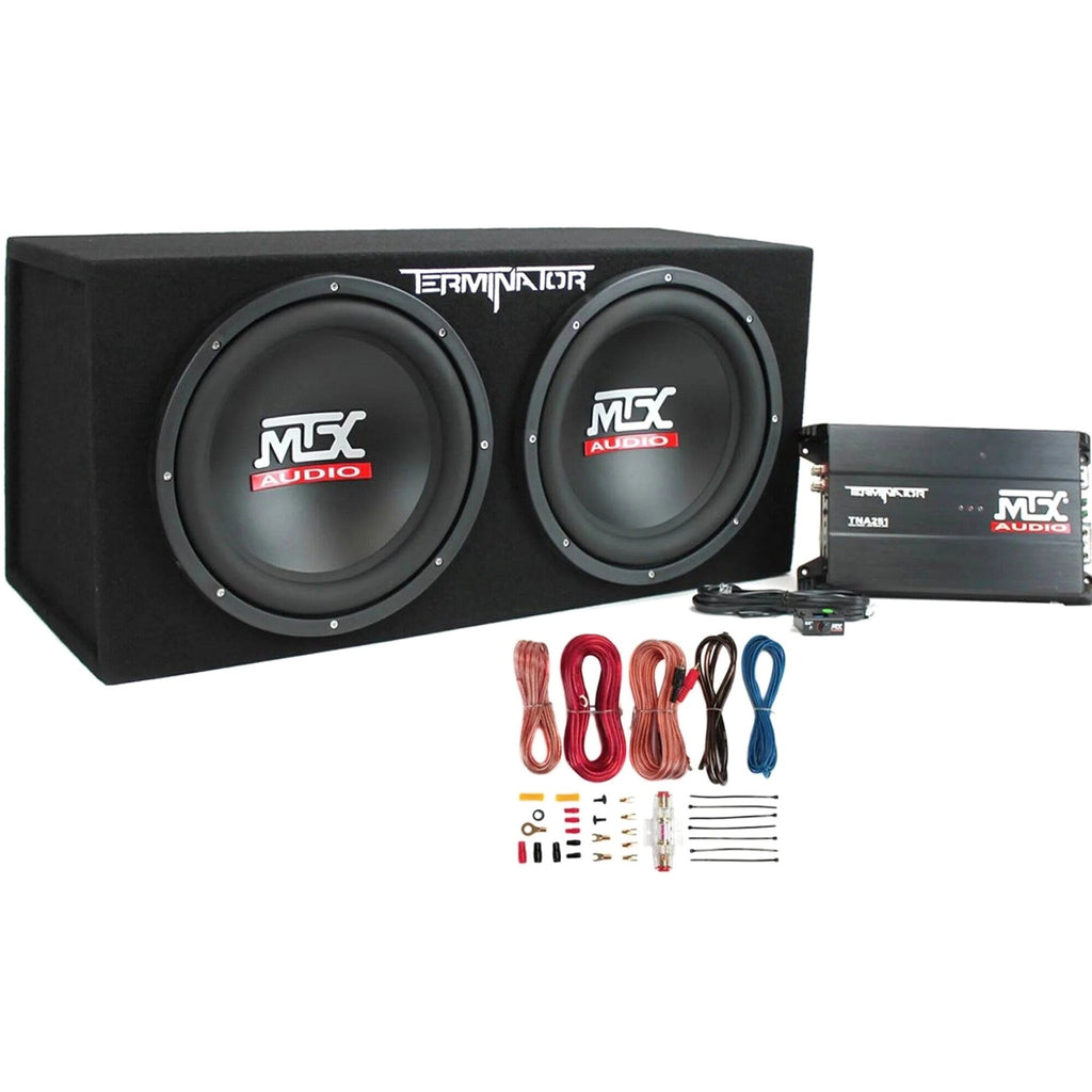 MTX Terminator Dual Loaded 12in 1200W Car Subwoofer Enclosure With Amplifier And 8-Gauge Amp Kit