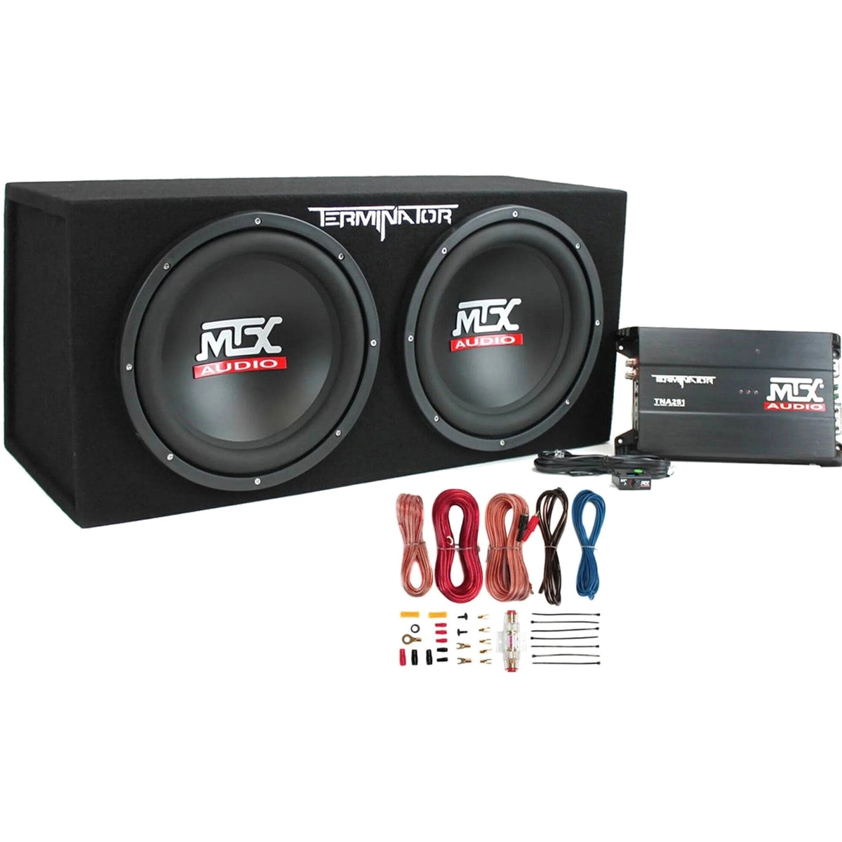 MTX Terminator Dual Loaded 12in 1200W Car Subwoofer Enclosure With Amplifier And 8-Gauge Amp Kit