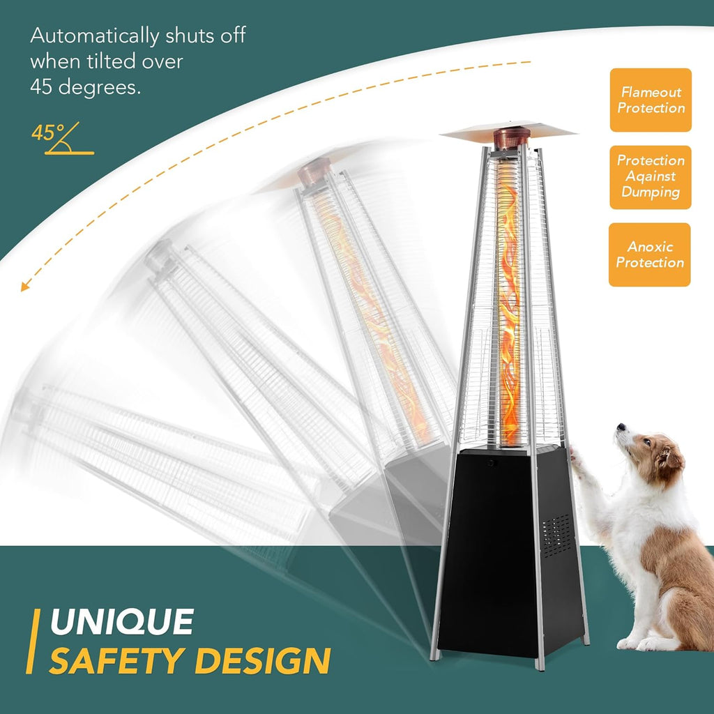 Pamapic Pyramid Flame Outdoor Patio Heater With Cover, 48 000 BTU, Quartz Glass Tube, 87 inch Propane Heater