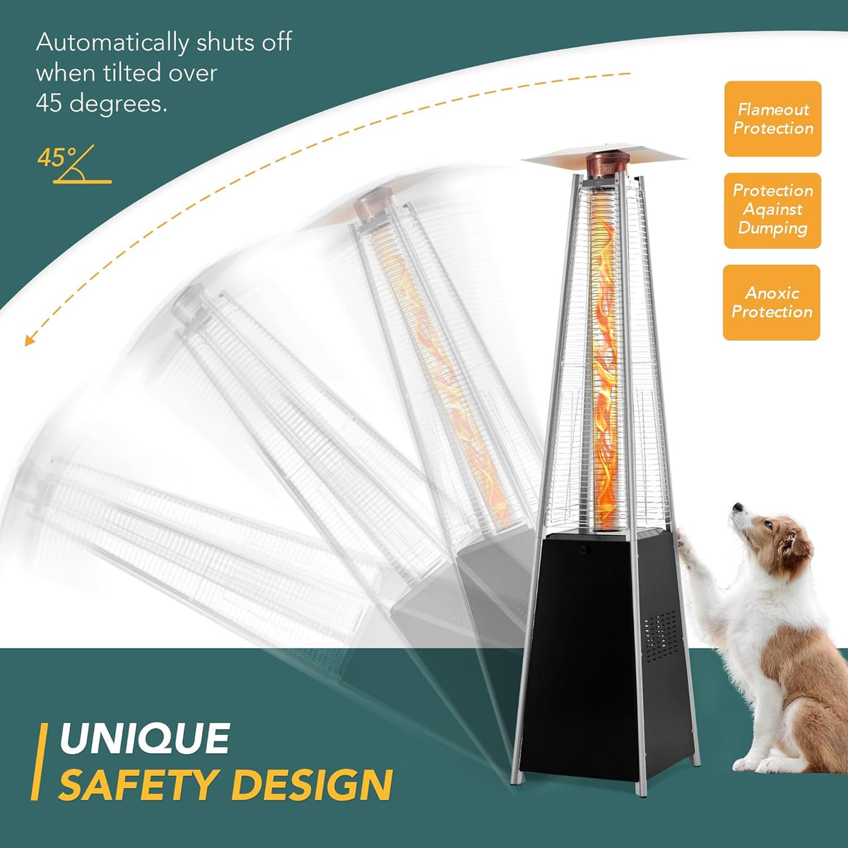 Pamapic Pyramid Flame Outdoor Patio Heater With Cover, 48 000 BTU, Quartz Glass Tube, 87 inch Propane Heater