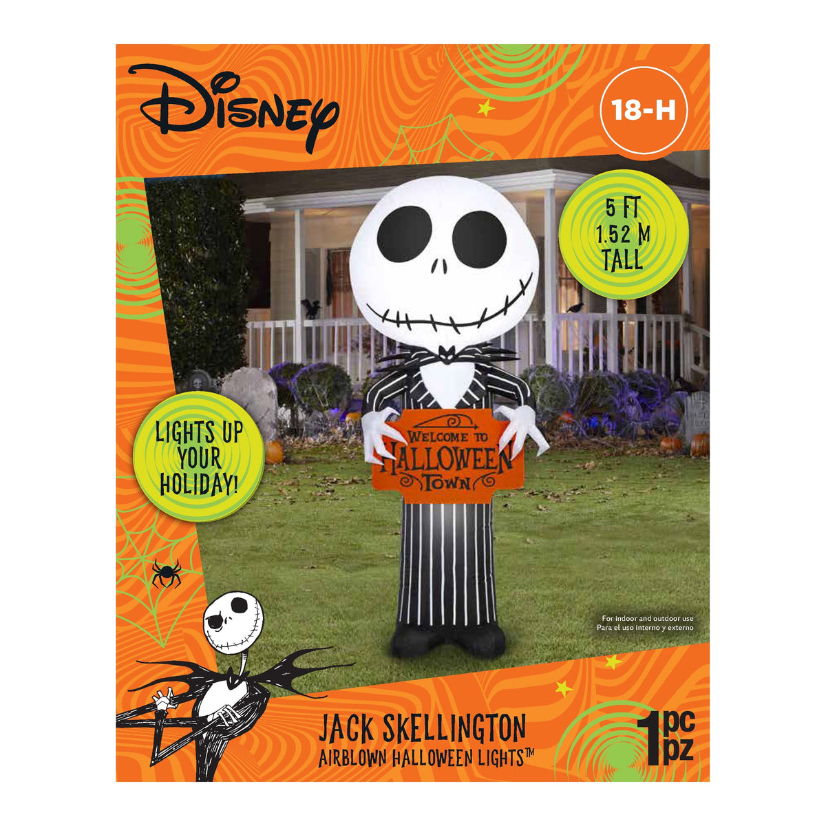 Airblown Halloween Yard Inflatables Light Jack Skellington with Welcome to Halloween Town Sign Disney, 5 ft