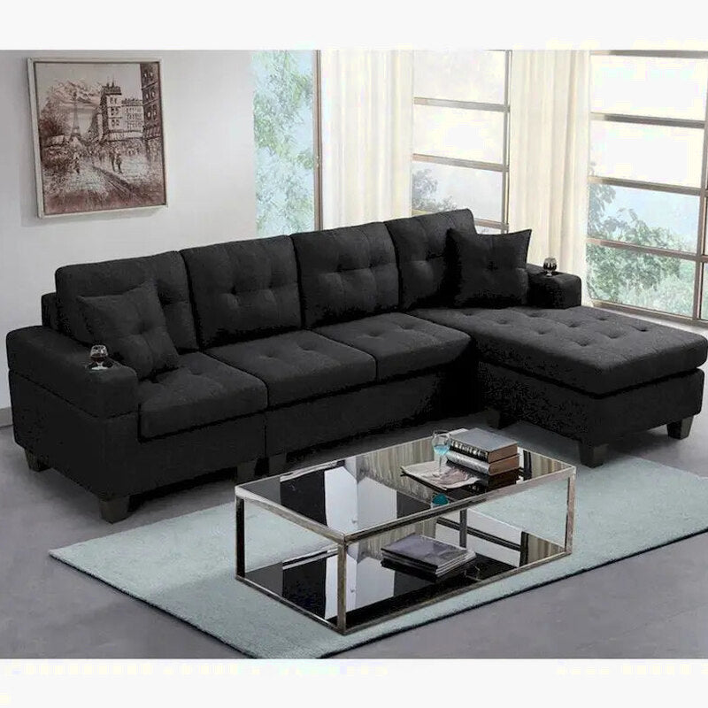 Contemporary L-Shaped Sectional Sofa With Cup Holders, Storage Chaise, Grey Or Black