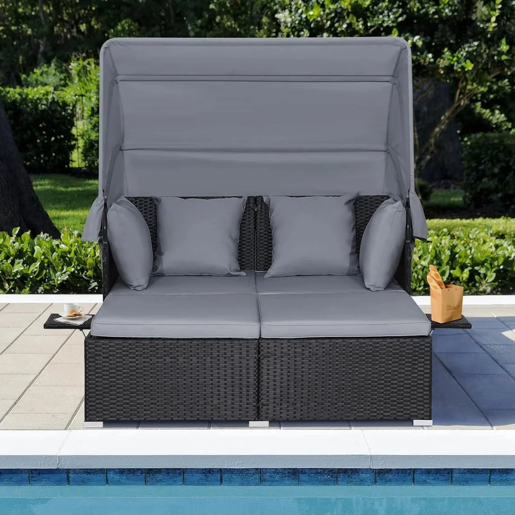 RELAX4LIFE Patio Daybed With Canopy, Cushions, 4 Pillows And 2 Side Trays, Turquoise - B0BYSN7GC7