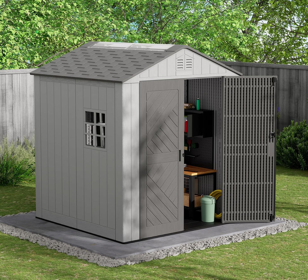 HOMSPARK Outdoor Resin Storage Shed 6x6 Ft With Floor And Windows - Grey