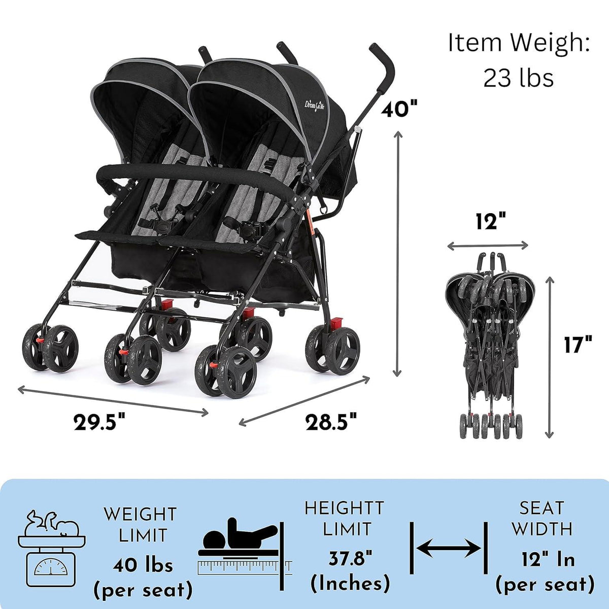 Dream On Me Volgo Twin Umbrella Stroller, Black, 29.50 x 28.50 x 40.00 Inches - 446-BLK