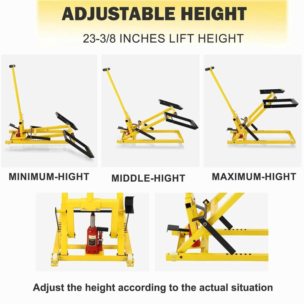Lawn Mower Lift With Hydraulic Jack, 26 Inches, 500 LBS Capacity, Yellow - PHO_13L5VR2X2L
