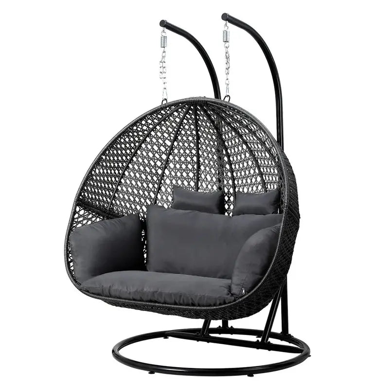Gardeon Two-Person Wicker Egg Swing Chair With Stand, Grey, 117cm x 117cm x 200cm