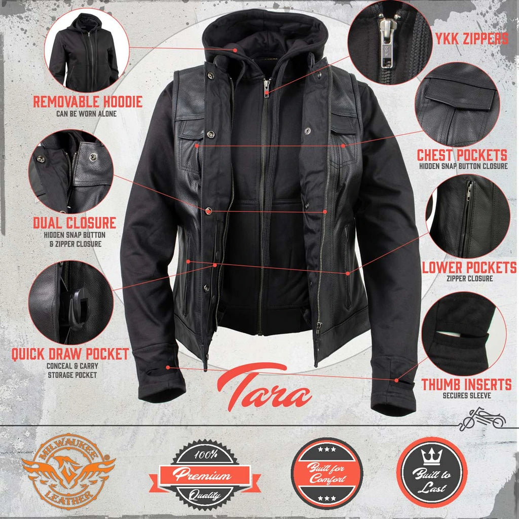 Women's Leather Convertible Hoodie Vest - Black