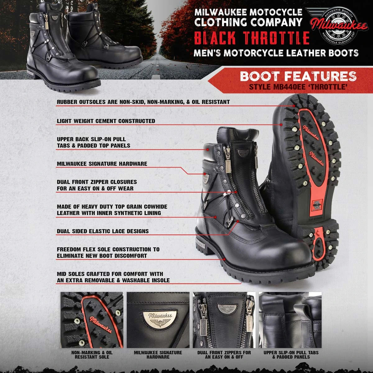 Men's Extra-Wide Zip Motorcycle Boots - Black