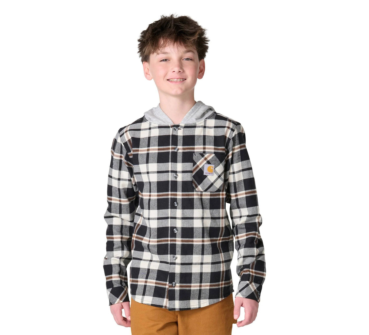 Boys' Plaid Flannel Hooded Shirt - Black