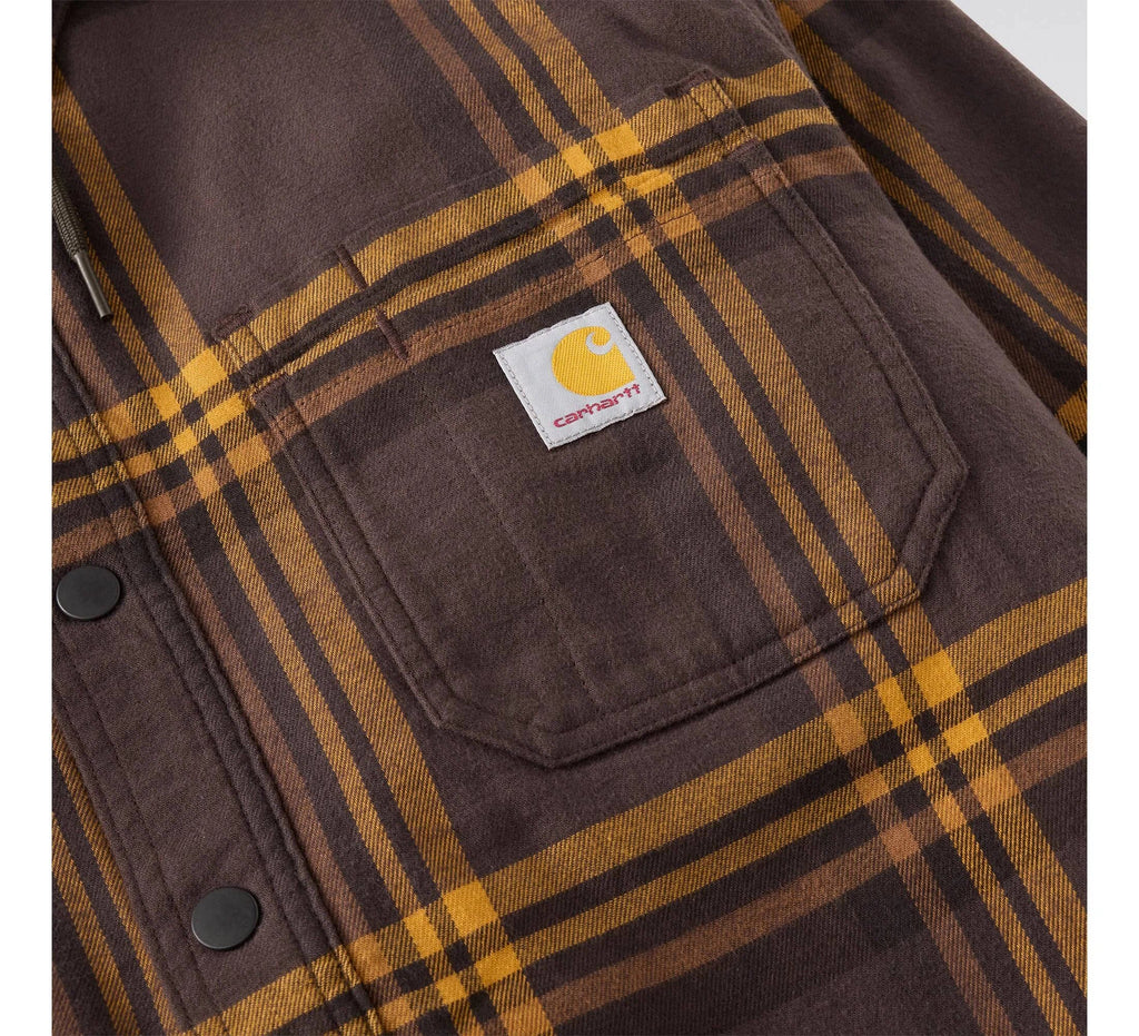 Men's Hooded Fleece-Lined Plaid Shirt Jacket - Brown
