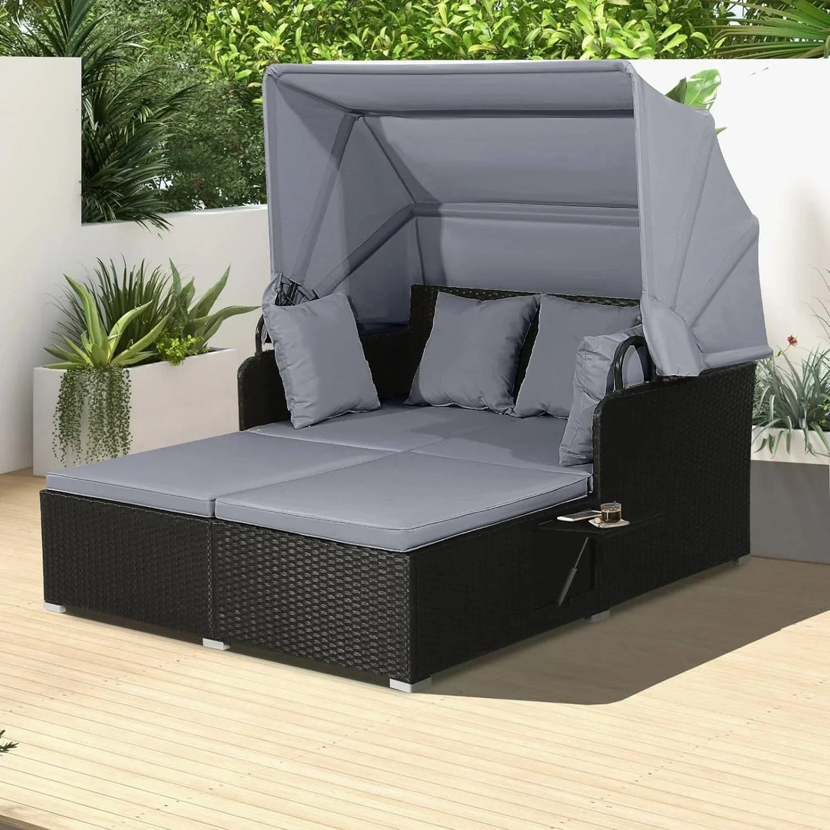 RELAX4LIFE Patio Daybed With Canopy, Cushions, 4 Pillows And 2 Side Trays, Turquoise - B0BYSN7GC7