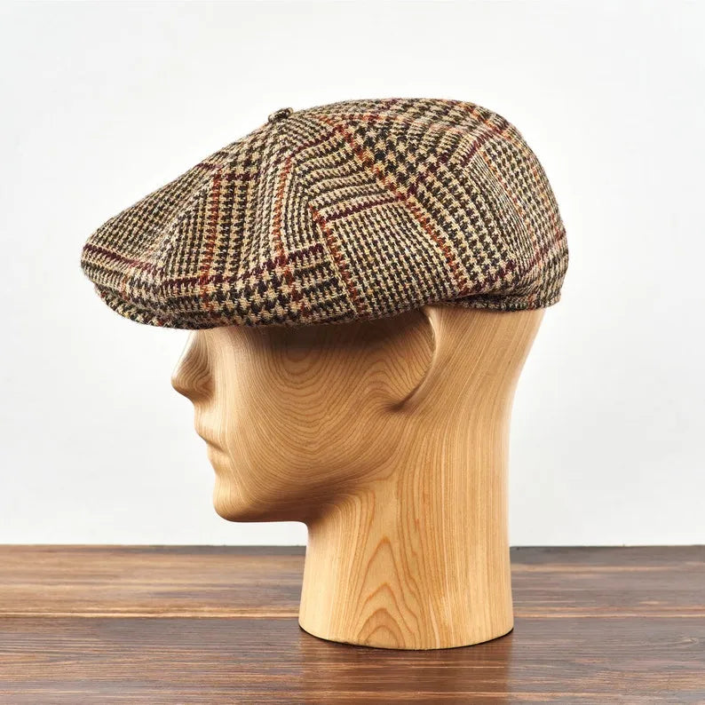 Birmingham Genuine Scottish Herringbone Tweed 8 Panels Man Cap Wool Large Crown Beige