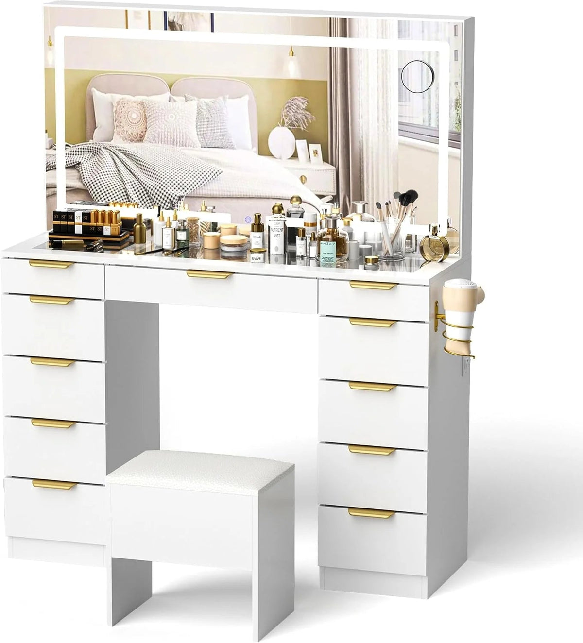 Glass Top Makeup Vanity Desk With Mirror, Lights, 11 Drawers And Bench - White