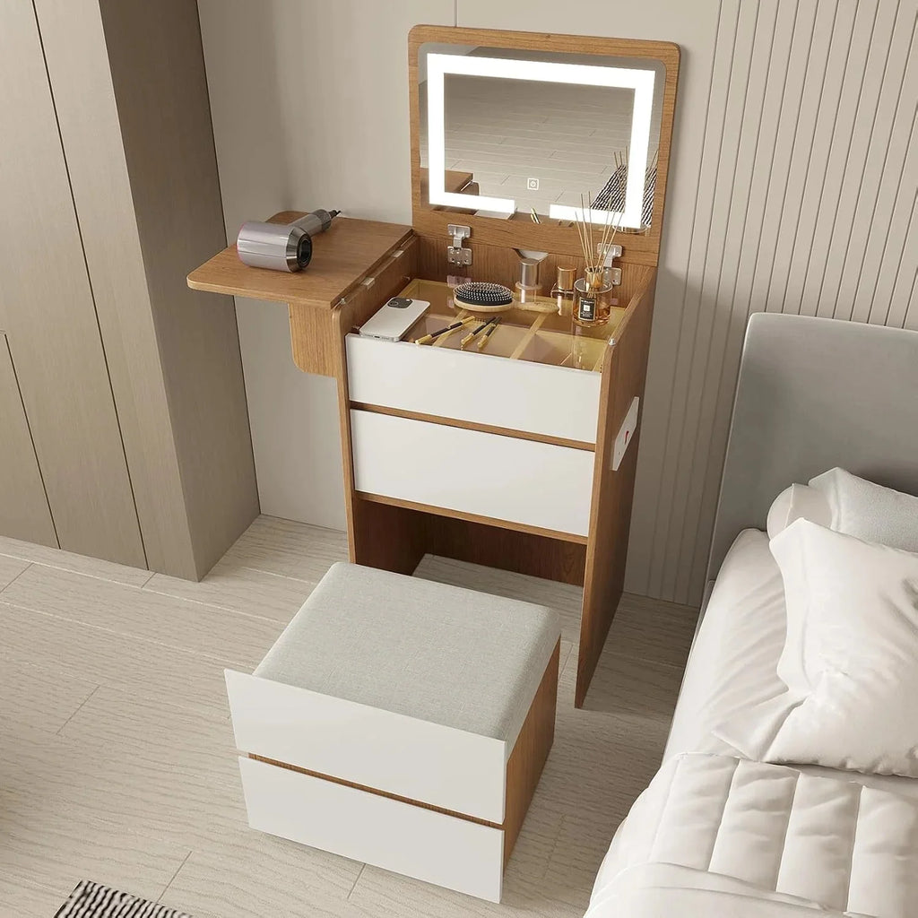 3-in-1 Vanity Desk Set With Flip-Top Lighted Mirror, Storage Stool And 15.7*19.7*31.5 Inches Table