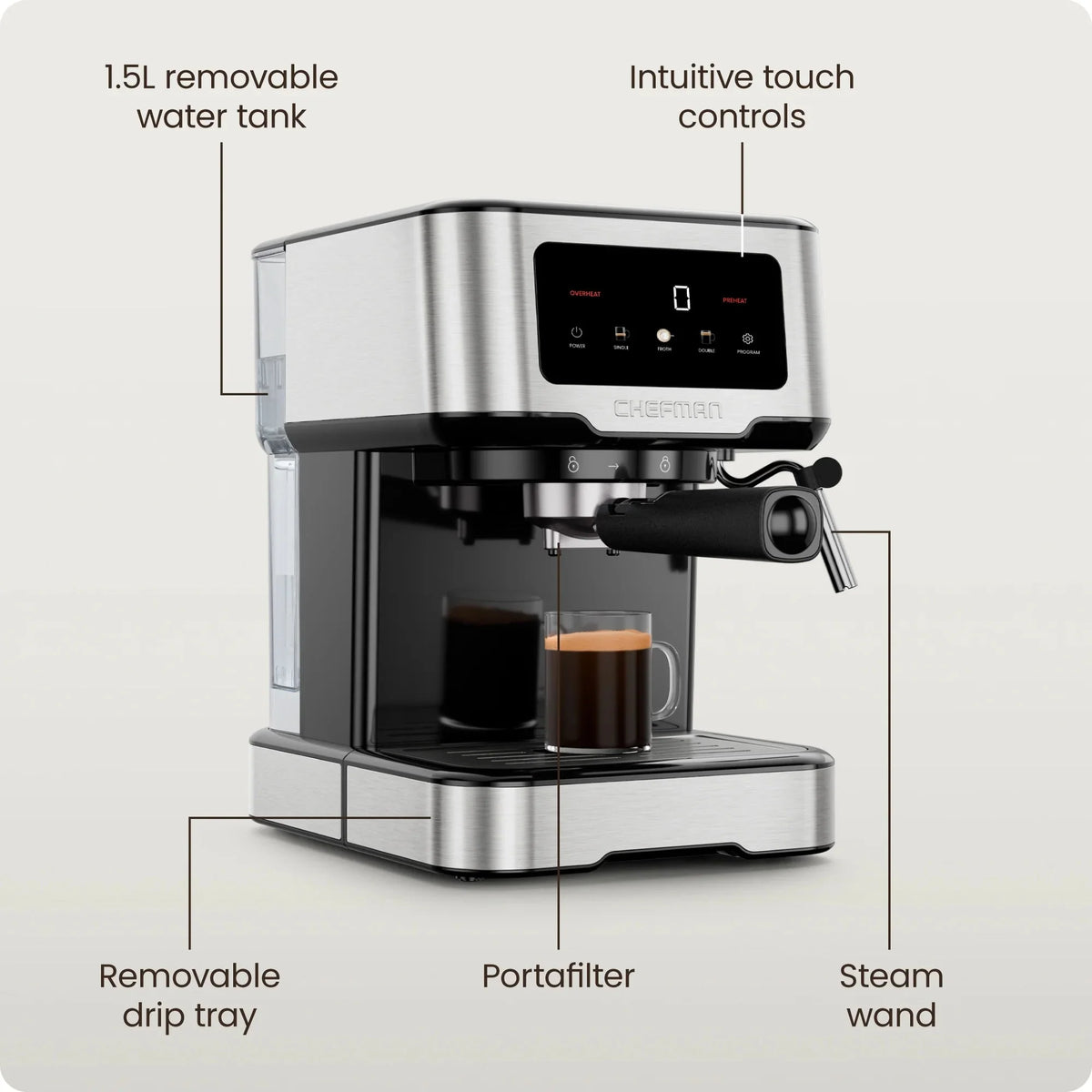 Chefman CraftBrew Espresso Machine With Steam Wand, Touch Controls, Stainless Steel - RJ54-SS-15-D