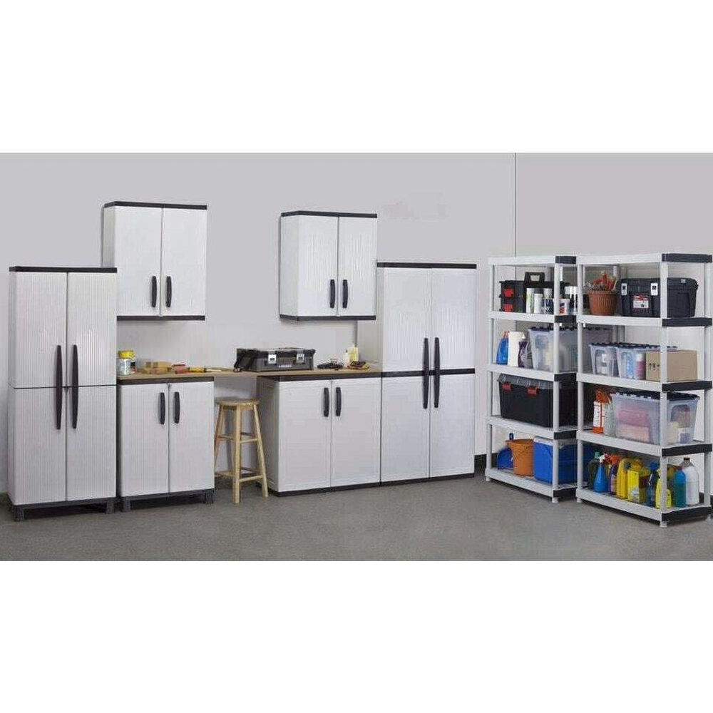 HDX Gray Plastic Freestanding Garage Cabinet With Adjustable Shelves And Lockable Doors, 35in W X 71in H X 18in D