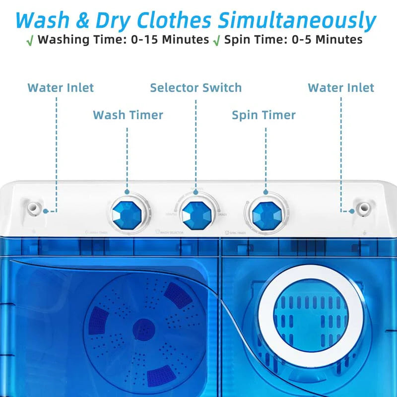 2-in-1 Portable Twin Tub Washing Machine, 18 lbs Wash/8 lbs Spin, Blue - 280 W