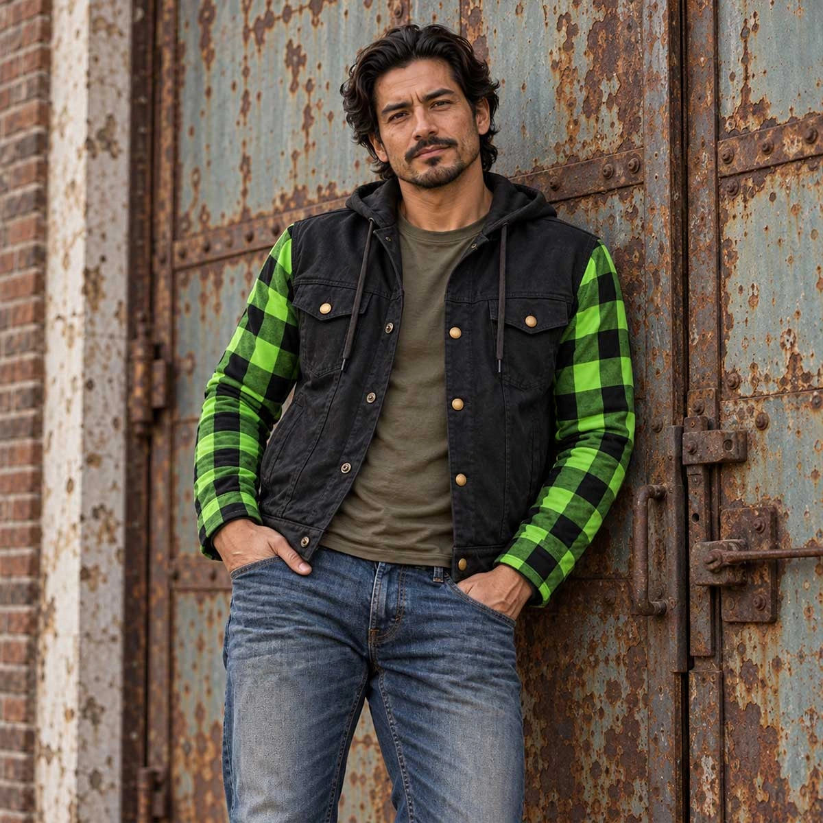 Men's Armored Denim Hooded Jacket - Black/Green