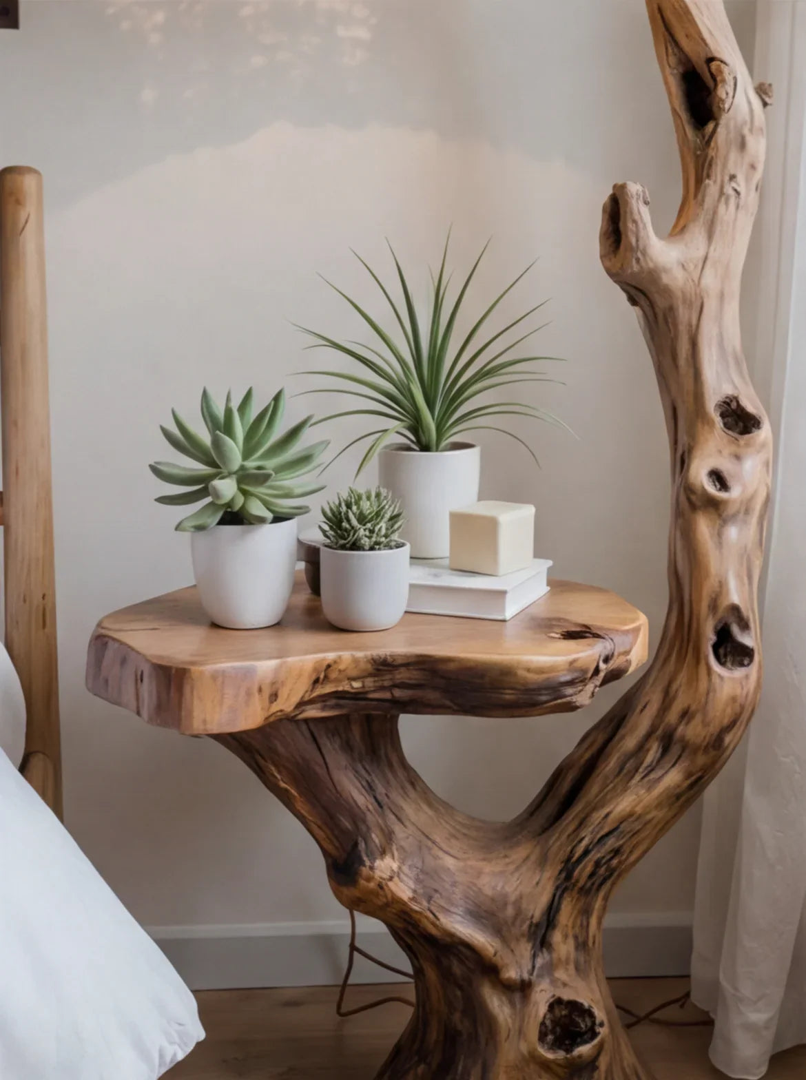 Rustic Driftwood Floor Lamp With Side Table