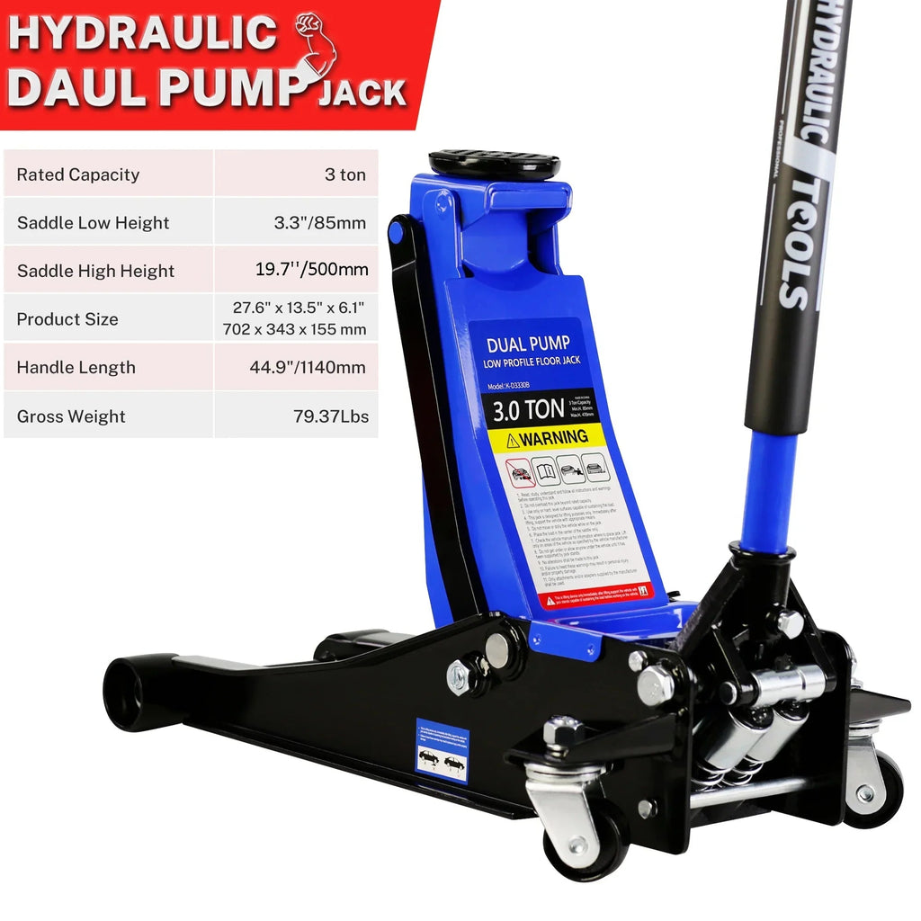 Seizeen Low Profile Floor Jack, 3 Ton (6600 lbs), 3.3 in-19.7 in Lift Range, 52 in Extended Handle