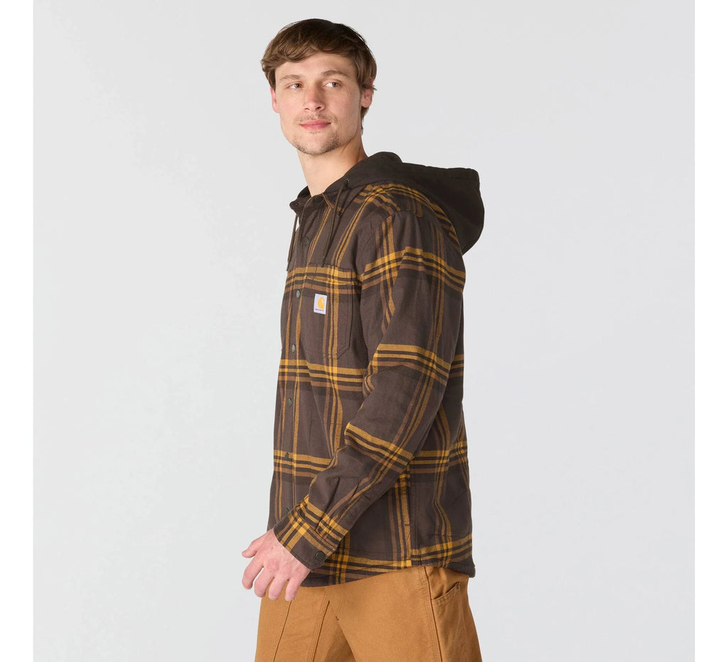 Men's Hooded Fleece-Lined Plaid Shirt Jacket - Brown
