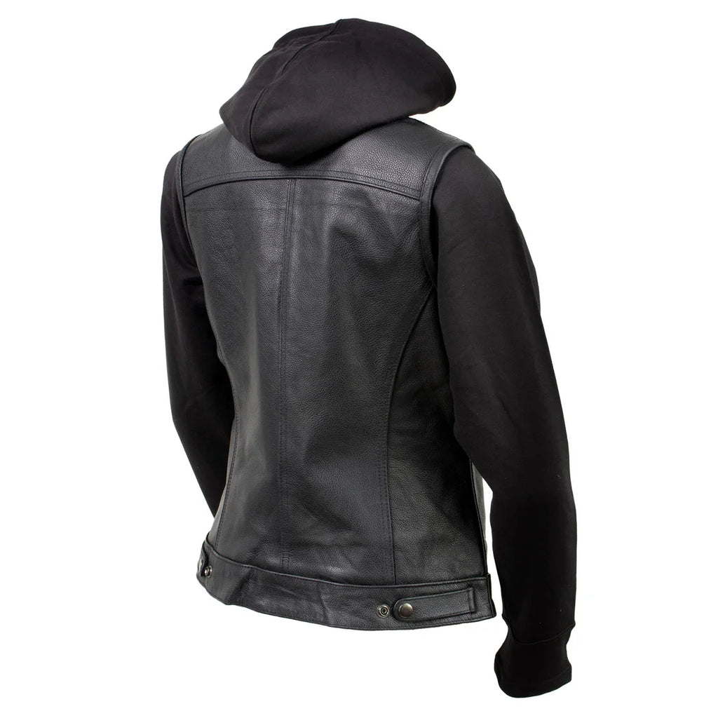 Women's Leather Convertible Hoodie Vest - Black