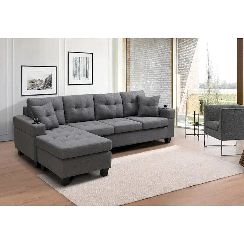 Contemporary L-Shaped Sectional Sofa With Cup Holders, Storage Chaise, Grey Or Black