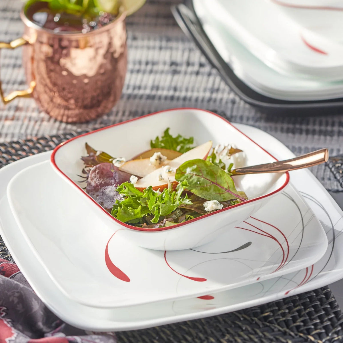 12-Piece Square Dinnerware Set - Red And Gray
