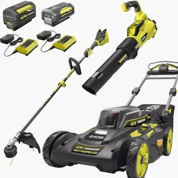 RYOBI 40V 20 in Self-Propelled Mower/Trimmer/Blower Kit, 2 Batteries, 2 Chargers - RY401120-Y/Ry40270/RY40407BTLVNM
