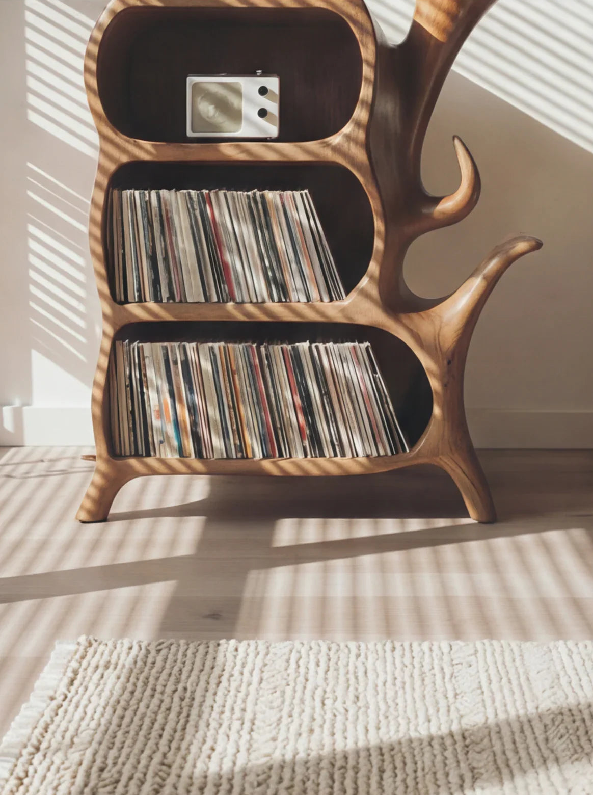 Organic Sculptural Solid Wood Vinyl Record Storage Cabinet With Integrated Turntable Stand